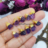Natural Raw Purple Amethyst Gold Electroplated Connectors, February Birthstone, Sold By Piece